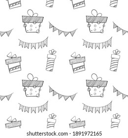 Gift boxes and feast paper garland seamless pattern in doodle style. 