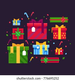 Gift boxes. Festive cardboard gift boxes, Holiday present, packaging pile vector flat illustration isolated on white