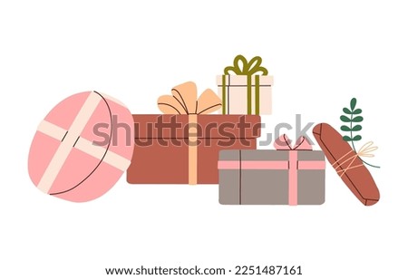 Gift boxes in festive paper. Holiday presents in wrapping, ribbon, bow. Wrapped packages composition, surprises of different shape, size. Flat vector illustration isolated on white background