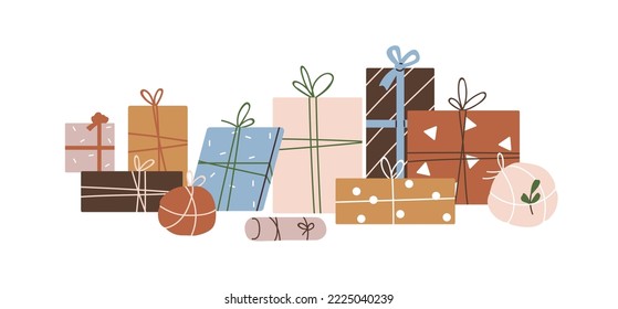 Cajas de regalo en papel festivo envuelto con arcos. Paquetes envueltos, regalos de diferente forma, tamaño. Muchos paquetes vacacionales, cajas de regalos, sorpresas. Ilustración vectorial plana aislada en fondo blanco