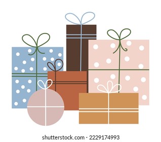  Gift boxes in festive paper wrapping with bows. Wrapped packages, presents of different shape, size. Many holiday packs, giftboxes, surprises. Flat vector illustration isolated on white background