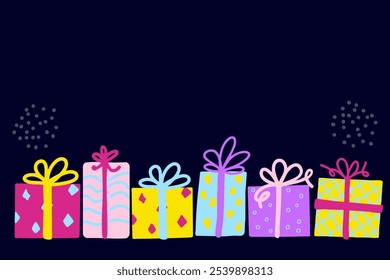 Gift boxes. Festive present flat vector greeting card. Copy space. Template.