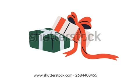 Gift boxes. Festive presents in paper wrapping with ribbon bow decoration. Christmas holiday surprise, wrapped packages, giftboxes with decor. Flat vector illustration isolated on white background