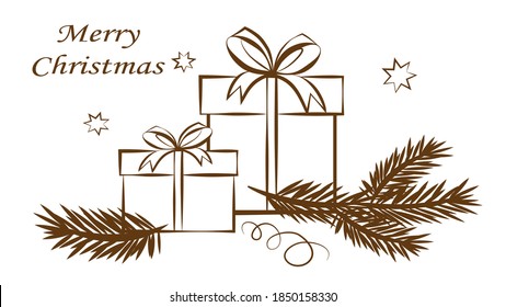 Gift boxes and fir branches,  Christmas greeting card, line drawing, vector illustration.