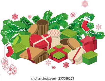 Gift boxes, fir branches and santa socks
