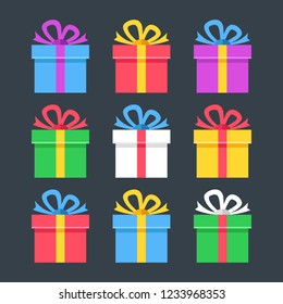 Gift boxes flat icons. Giftbox, present, package concepts. Modern flat design. Vector icons set