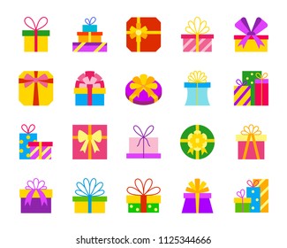 Gift boxes flat icons set. Web sign kit of bounty box. Present pictogram collection includes bow, parcel, pack. Simple gift cartoon colorful icon symbol isolated on white. Vector Illustration