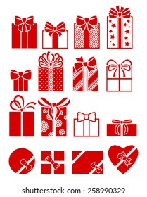 Gift boxes flat icons set. Different presents with bow and ribbon wrapped paper. Greeting cards design elements.