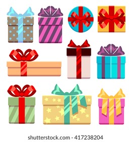 Gift boxes flat icons set. Gift box package or bag, box with ribbon for gift birthday. Vector illustration