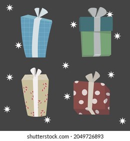 Gift Boxes in flat style, Cartoon Wrapping for Christmas and Birthday Party. Colourful wrapped. Sopping concept. Vector illustration of New Year greeting card.