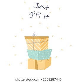 Gift boxes in flat style. Christmas minimalist card. Boxesinpackage. Postcard. Gifts. Holiday.