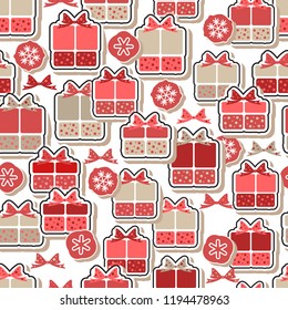 Gift boxes in flat style. Seamless pattern. Bright present box for New Year, Xmas or birthday decor. Vector holiday background.