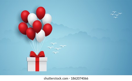 Geschenkbox schwimmt mit Ballons am Himmel. Weihnachten und gutes neues Jahr mit Feiern.Vektorgrafik