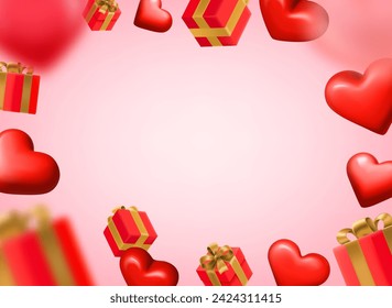 Gift boxes and flying hearts. Happy Valentines day frame with copy space. 3d vector