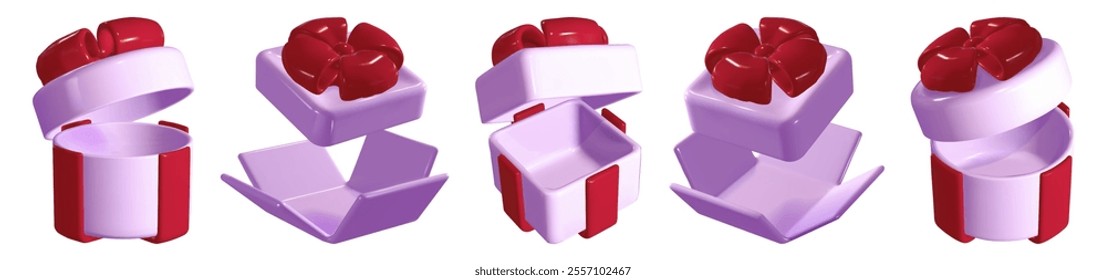 Gift boxes with flying lids - pink open present containers with red bow decoration shown in different angles. 3d vector unwrapped surprise package for holiday or celebration design elements.