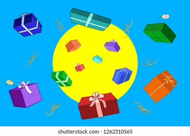 Gift boxes flying on a light blue background