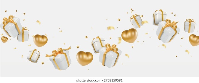 Gift boxes flying White gifts floating with hearts, trendy decoration element, golden confetti and gold ribbons 3d horizontal illustration.