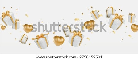 Gift boxes flying White gifts floating with hearts, trendy decoration element, golden confetti and gold ribbons 3d horizontal illustration.