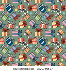Gift boxes and garland seamland pattern hand drawn childish style on green background graphic illustration. Presents wrapping paper greeting season concept.