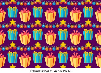 Gift boxes and garlands seamless pattern. Pattern with yellow and blue gift boxes and Christmas lights.