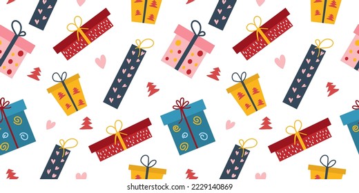 Cajas de regalo, regalos sin fisuras. Colección de garabatos, aislada en blanco. Tejidos coloridos para papel envuelto. Patrón navideño de colores vivos para el tex, embalaje, imprimibles. 