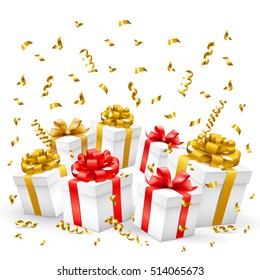 Gift boxes with gold, red ribbons and serpentine. Vector illustration.