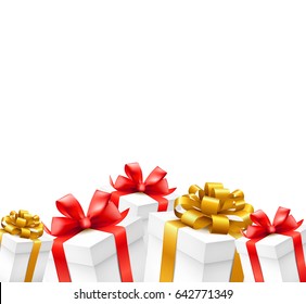 Gift boxes with gold, red ribbons  isolated on white  background. Vector illustration.