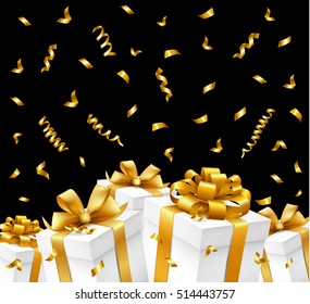Geschenkbox mit goldenen Bändern und Serpentine einzeln auf schwarzem Hintergrund.  Vektorgrafik.