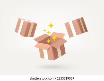 Geschenkbox mit goldenen Sternen. Aktuelles Lieferkonzept. 3D-Vektorgrafik
