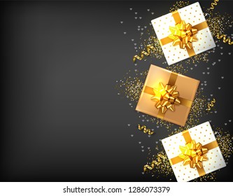 Gift boxes with golden bow Vector realistic. Dark background confeti sparkle. Product placement mock up. Design packaging 3d illustration. Birthday, Wedding, Anniversary decor template banners