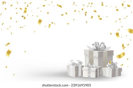 Gift boxes with golden confetti on white background. Vector illustration.