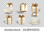 Gift Boxes with Golden Ribbons in Different Open and Closed Positions on Transparent Background for Holiday or Celebration Design. Vector Illustration.