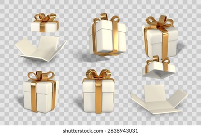 Gift Boxes with Golden Ribbons in Different Open and Closed Positions on Transparent Background for Holiday or Celebration Design. Vector Illustration.