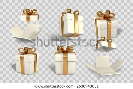 Gift Boxes with Golden Ribbons in Different Open and Closed Positions on Transparent Background for Holiday or Celebration Design. Vector Illustration.