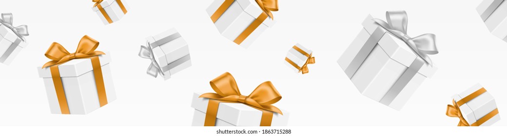 Gift boxes, with golden, and silver satin ribbons, elegant web banner. Vector gift boxes falling down on a white background. Classic style, premium wide backdrop, for luxury design decoration.