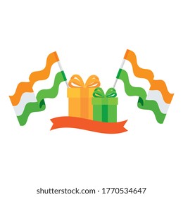 gift boxes of green and yellow colors with flags indian on white background vector illustration design