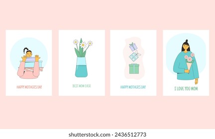Gift boxes greeting card backgrounds. Spring happy holiday banner templates. Festive cover with decoration. Vector flat illustration.