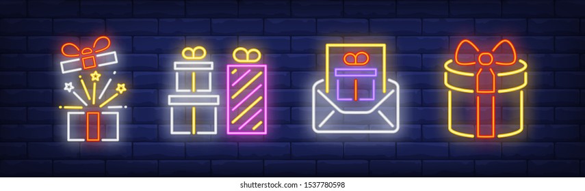 Gift boxes and greeting card in envelope neon signs set. Celebration, holiday party design. Night bright neon sign, colorful billboard, light banner. Vector illustration in neon style.