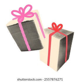 Gift boxes halftone collage cut out. Two wrapped presents with doodle pink and red ribbons. Vintage dotted texture, modern retro grunge style sticker. Mixed media vector illustration on transparent 