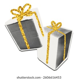 Gift boxes halftone collage cut out. Two wrapped presents with gold glitter ribbons. Vintage dotted texture, modern retro grunge style sticker. Mixed media vector illustration on transparent 