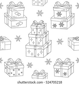 Gift boxes hand drawn doodle vector seamless  background. Christmas and New Year presents.