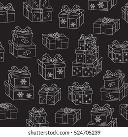 Gift boxes hand drawn doodle vector seamless  background. Christmas and New Year presents.