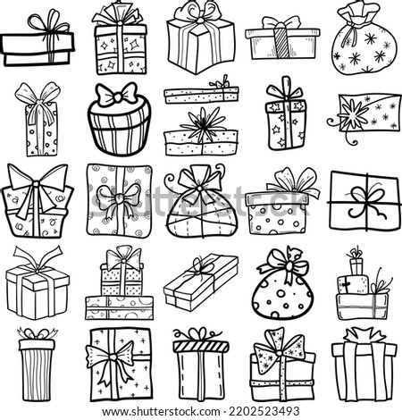 Gift Boxes Hand Drawn Doodle Line Art Outline Set Containing gift, gift box, care package, parcel, goodie box, present box, present, wrapping paper, bow, loop, knot, lace, ribbon, gift bag