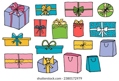 Gift boxes in hand drawn style, set. Vector illustration