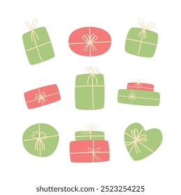 Cajas de regalo en estilo dibujado a mano. Presentar pegatinas en estilo plano. Ilustración vectorial.
