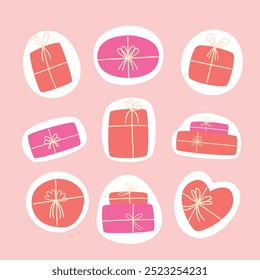 Cajas de regalo en estilo dibujado a mano sobre un fondo rosa. Presentar pegatinas en estilo plano. Ilustración vectorial.
