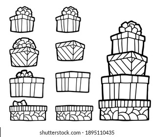 Gift boxes. Hand drawn. Vector illustration. Outline