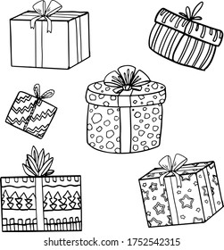 Gift boxes. Hand-drawn Doodle vector stock illustration of presents. Isolated on white background. Happy New Year and Merry Christmas concept. Decorations, ribbon, bow. Line art. Package. Icon. Xmas.