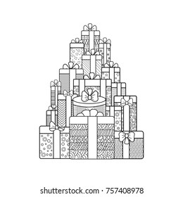 gift boxes. Hand-drawn  vector illustration for coloring book in zentangle style
