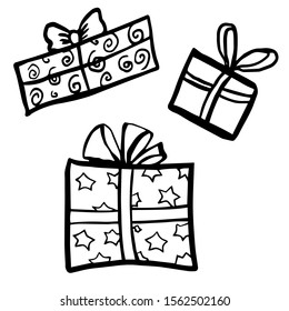 Gift boxes. Hand-drawn vector stock illustration of presents isolated on white background. Happy New Year and Merry Christmas concept. Decorations, ribbon, bow. Line art. Package. Icon. Xmas. Doodle